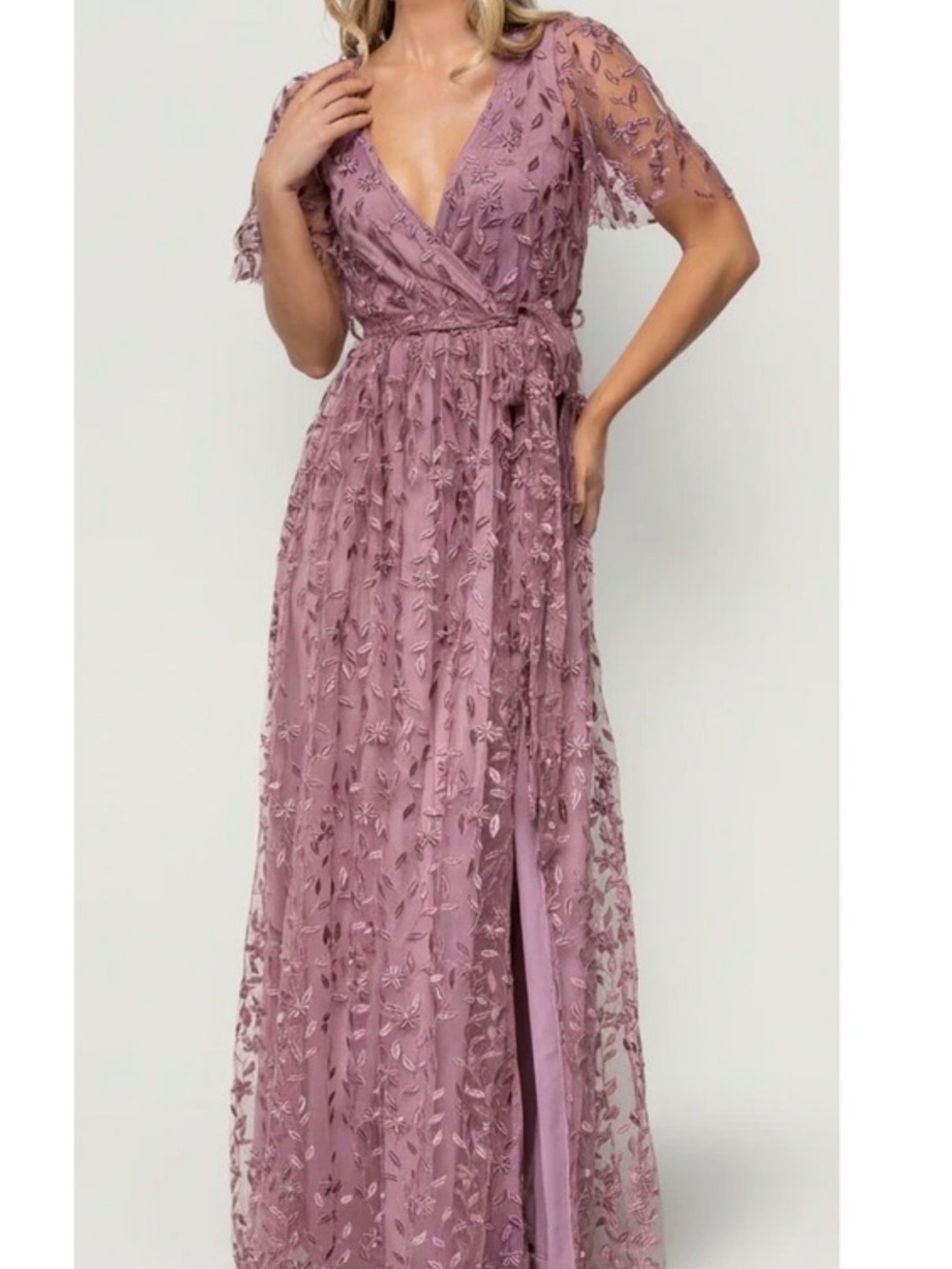 Marseille Embossed Mauve Floral Embroidered V-Neck Wrap Maxi Dress NEW